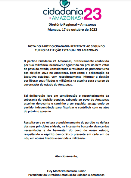 Cidadania Emite Nota Liberando Militantes E Filiados Sobre Apoio A