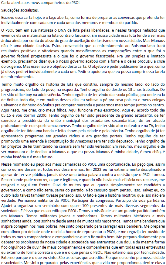Carta Aberta, Marcelo Amil, Pré-Candidatura, PSol,