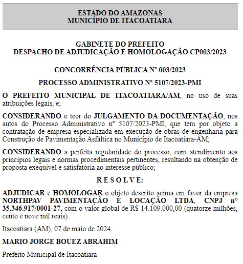 Serviços, Prefeito, Itacoatiara, Contrato, Pavimentação,