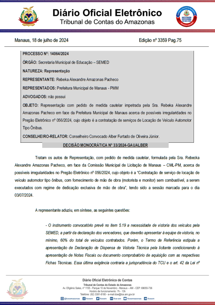 Irregularidade, Semed, Licitação, TCE-AM, Política,