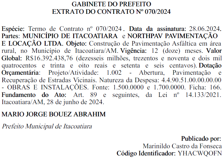 Serviços, Prefeito, Itacoatiara, Contrato, Pavimentação,