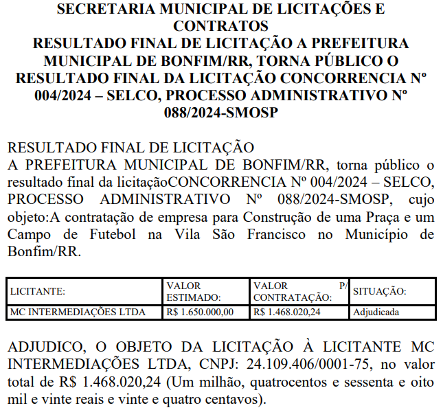 Roraima, Prefeitura de Bonfin, Obras,