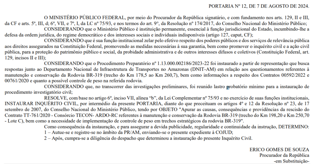 MPF, Inquérito, Rescisão Contratual, BR-319,