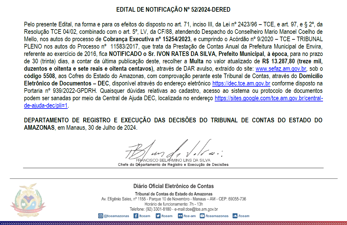 Prestação de Contas, TCE-AM, Multa, Envira, Política,