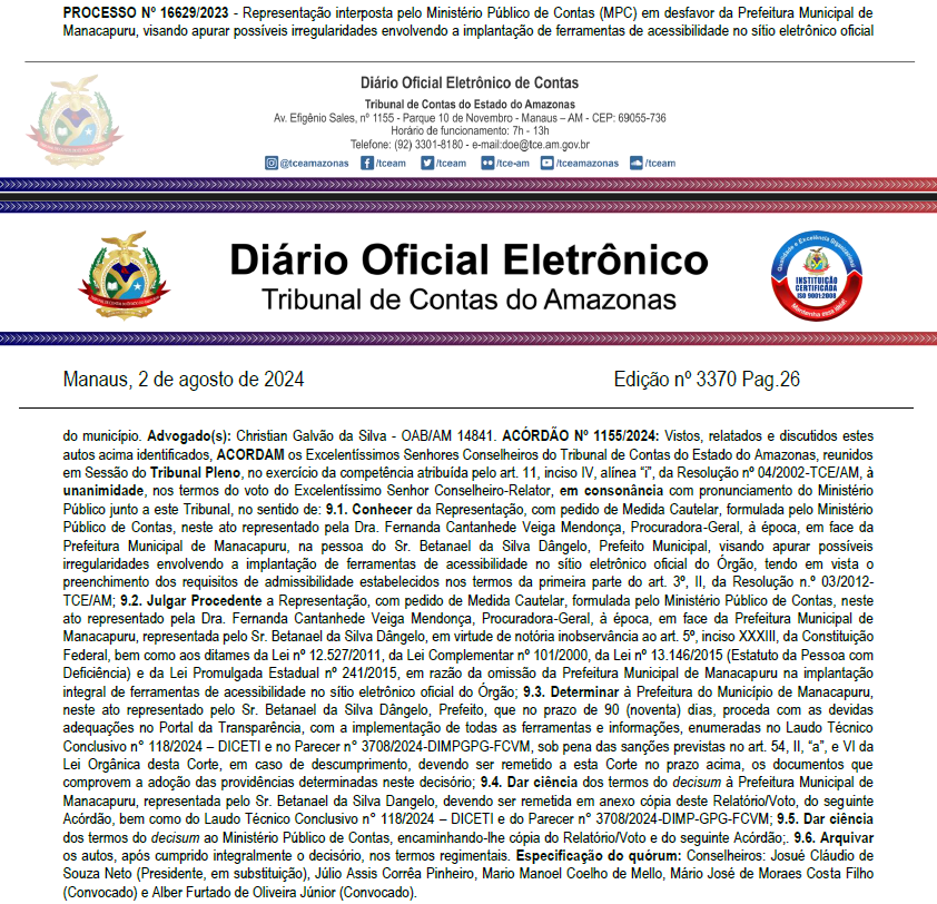 TCE-AM, Beto D'Ângelo, Manacapuru, Portal da Transparência, Política,